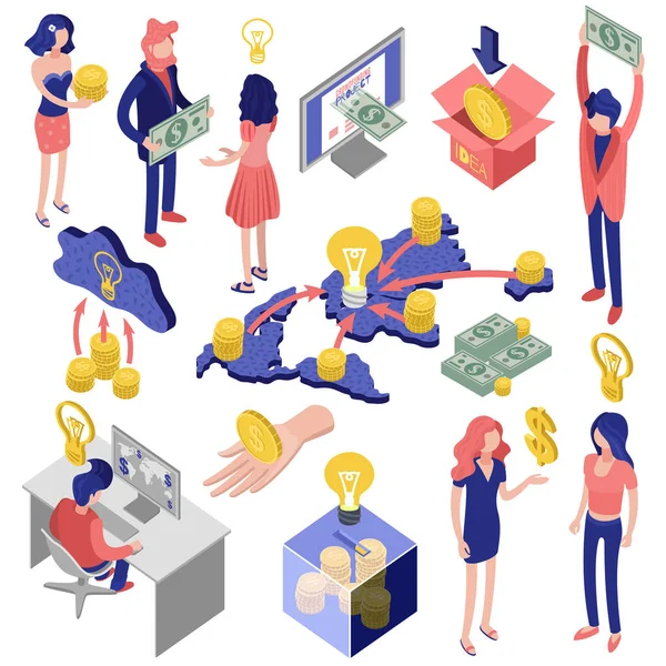 Crowd Funding Isometric Set — Stock Vector