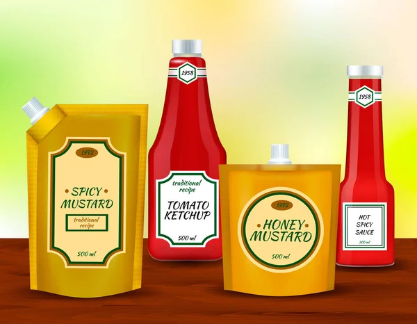 Ensemble réaliste de paquets de bouteilles de sauce — Image vectorielle