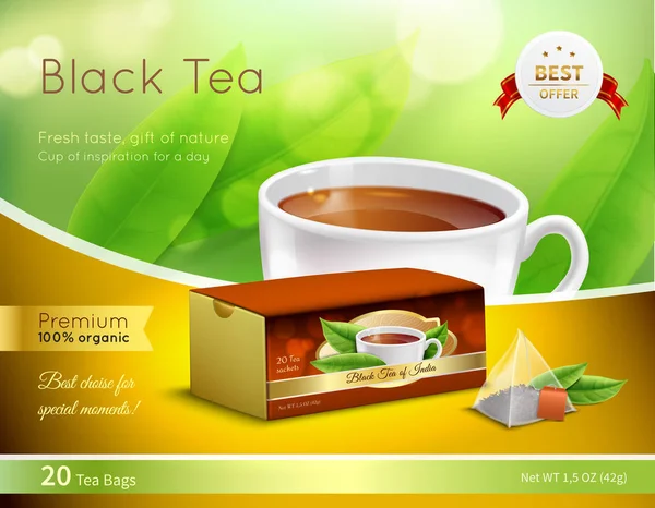 Té negro Publicidad Composición realista — Vector de stock