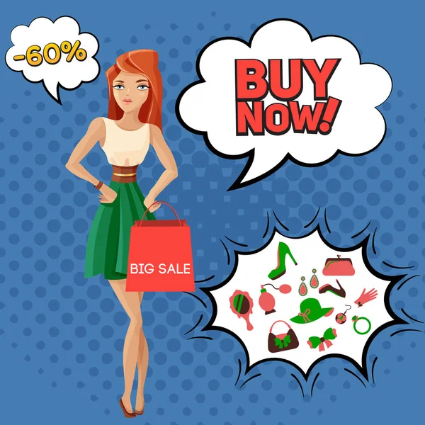 Female Accessories Sale Comic Bubbles — Stock Vector