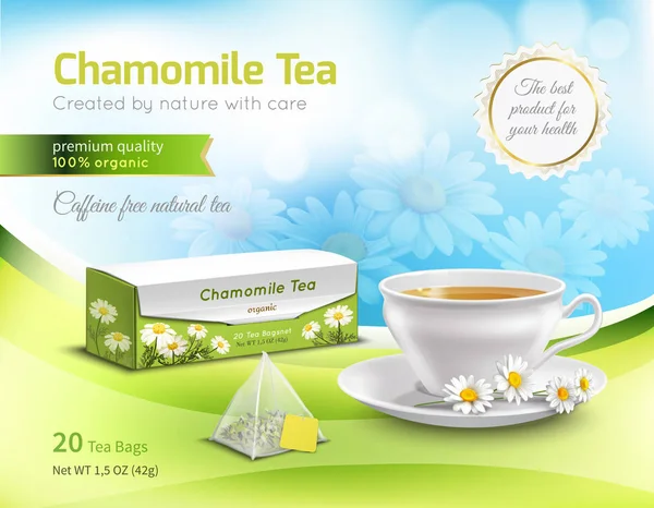 Camomilla Tea Pubblicità Composizione realistica — Vettoriale Stock