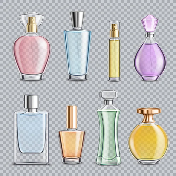 Parfémy skleněné lahvičky průhledné pozadí — Stockový vektor
