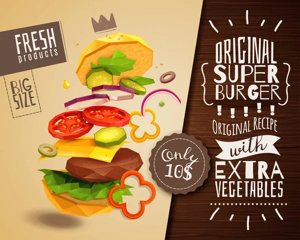 Cartel horizontal de hamburguesa 3D — Archivo Imágenes Vectoriales