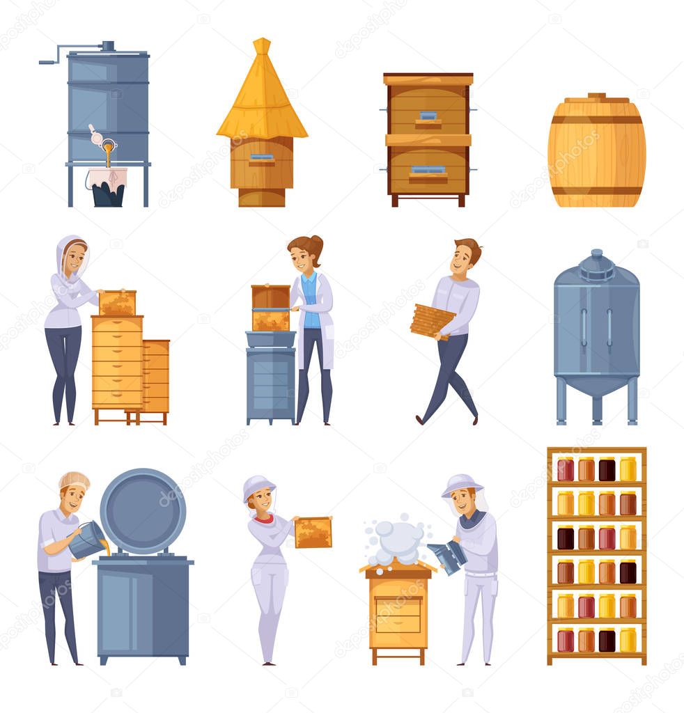 Apiary Honey Production Cartoon Set