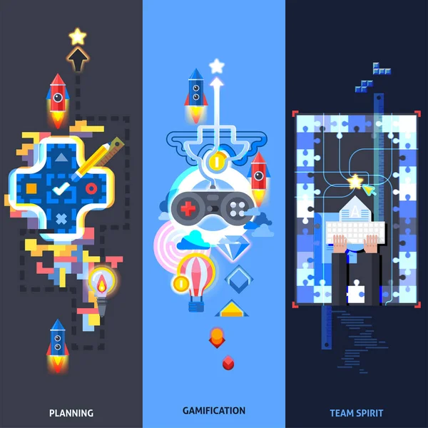 Gamification elementen vlakke Banners Set — Stockvector