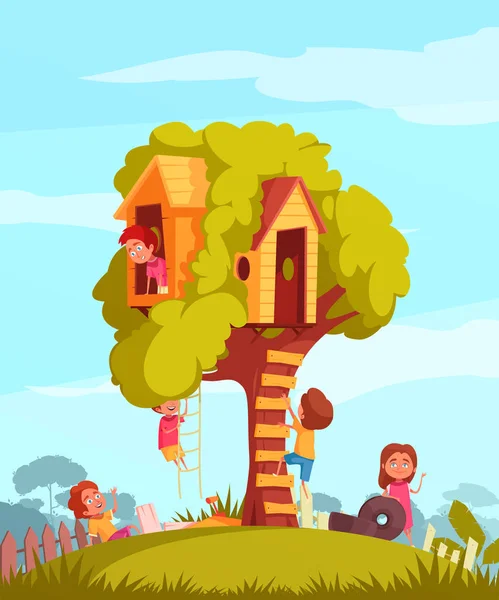 Casa del árbol con fondo de niños — Archivo Imágenes Vectoriales