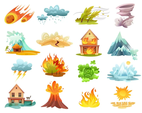 Natural Disasters Cartoon Icons Set — Stock Vector