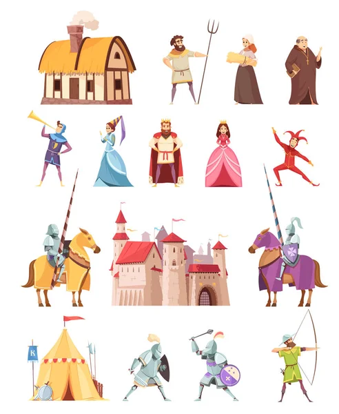 Personajes medievales Edificios Iconos Set — Vector de stock