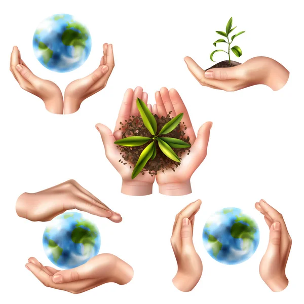 Ecology Symbols With Realistic Hands — Stock Vector