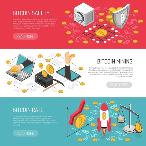 Banners isométricos de seguridad de tasa de Bitcoin — Vector de stock