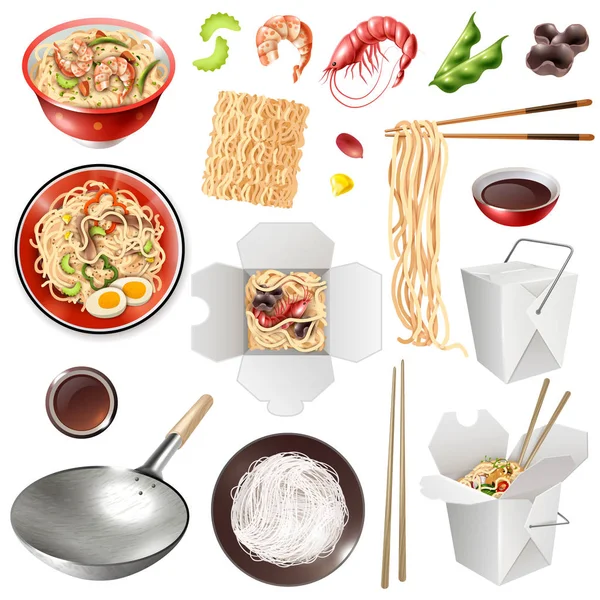 Set de fideos chinos realistas — Vector de stock