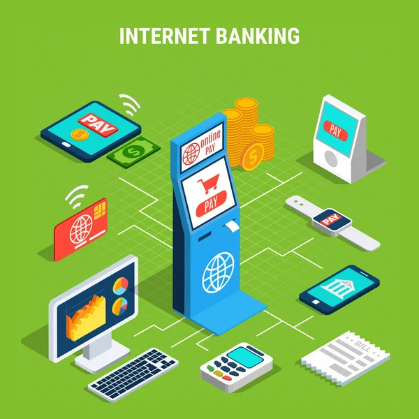 Internet Banking Isométrico Fluxograma —  Vetores de Stock