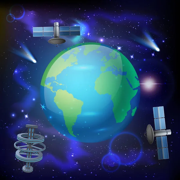 Artificial Satellites Earth Composition — Stock Vector