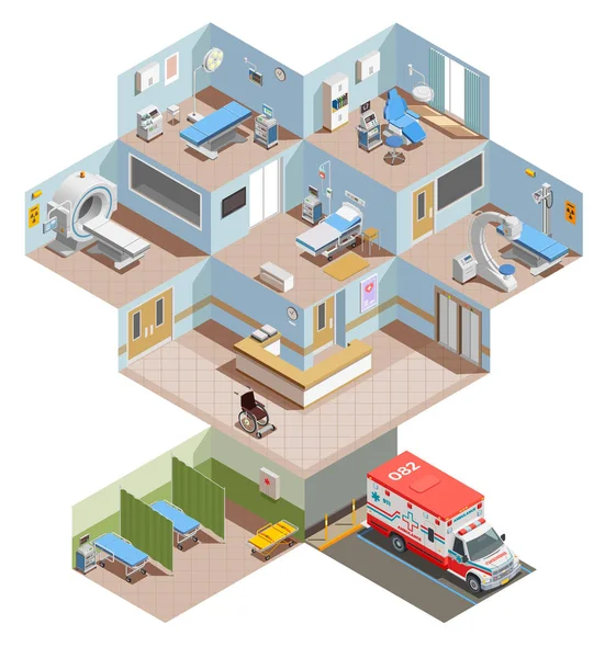 Habitaciones del Hospital Composición isométrica — Vector de stock