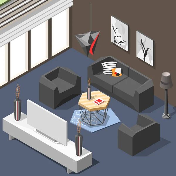 Futuristica Lounge Interni Sfondo isometrico — Vettoriale Stock