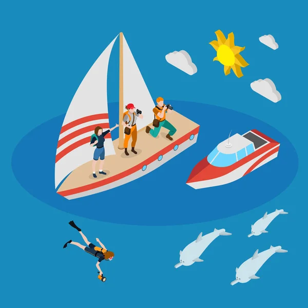 Yacht With Tourists Isometric Composition — Stock Vector