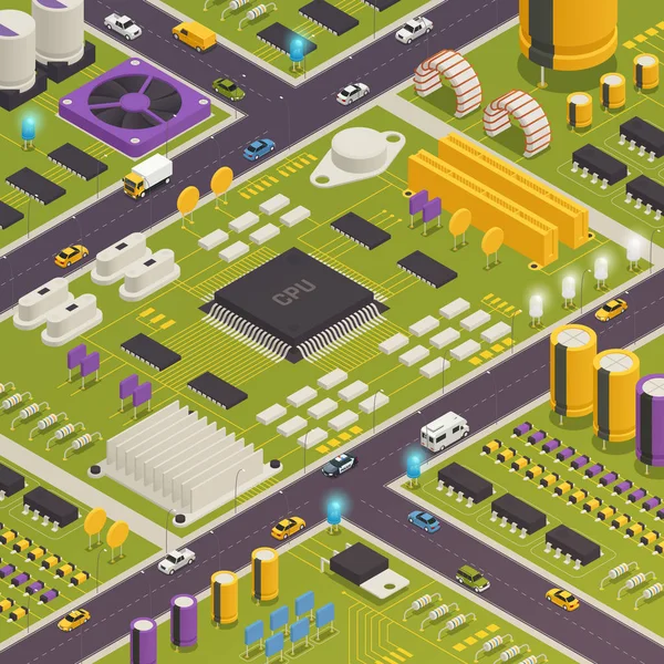 Componentes electrónicos de semiconductores Composición isométrica — Vector de stock