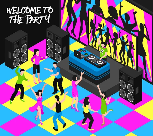 DJ ve parti izometrik çizimde — Stok Vektör