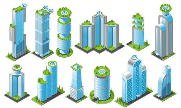 Izometrikus futurisztikus felhőkarcolók Icon Set — Stock Vector