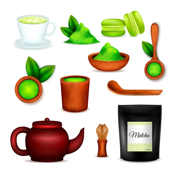 Set realista de té Matcha — Archivo Imágenes Vectoriales