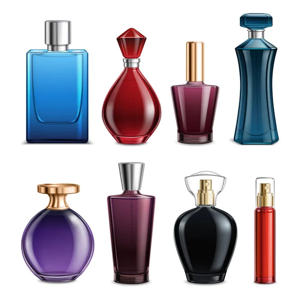 Parfum gekleurde glazen flessen — Stockvector