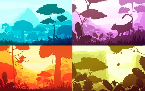 Conjunto de paisagens de desenhos animados da selva — Vetor de Stock