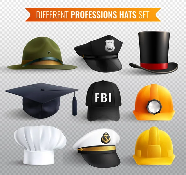 Conjunto transparente de sombreros de profesiones — Vector de stock