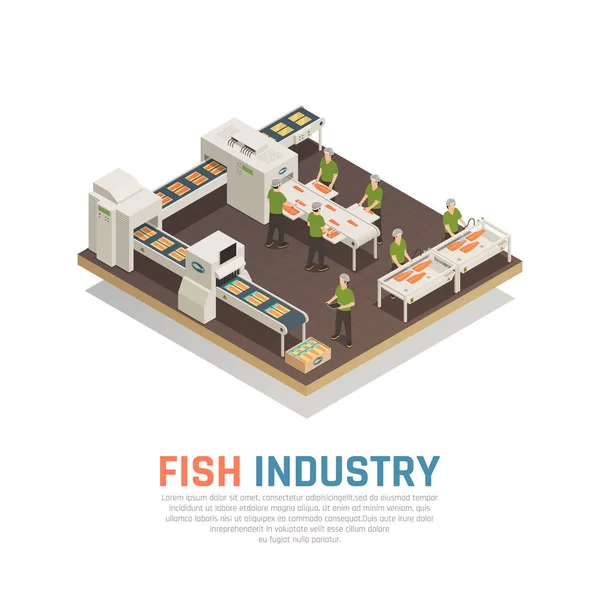 Fabbrica di pesce Sfondo isometrico — Vettoriale Stock
