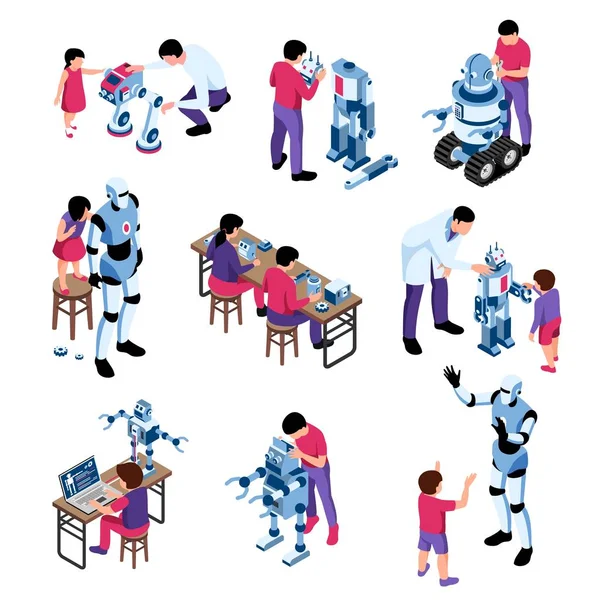 Niños Robotics Iconos isométricos — Vector de stock