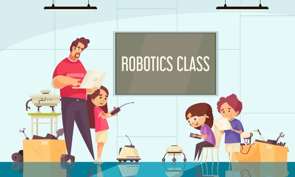 Robotics Class Cartoon Composition — Stock Vector