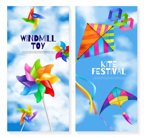 Realistic Kite Wind Mill Toy Banner Set — ストックベクタ