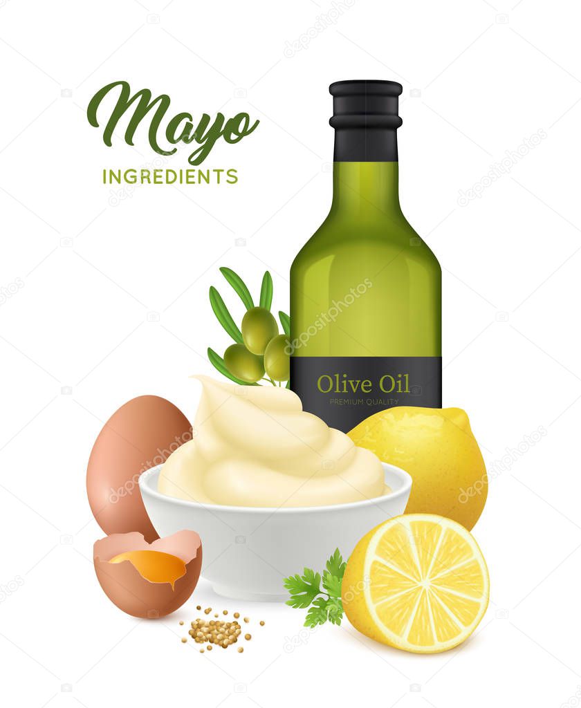 Realistic mayonnaise composition with editable ornate text and images of eggs lemons and olive oil bottle vector illustration