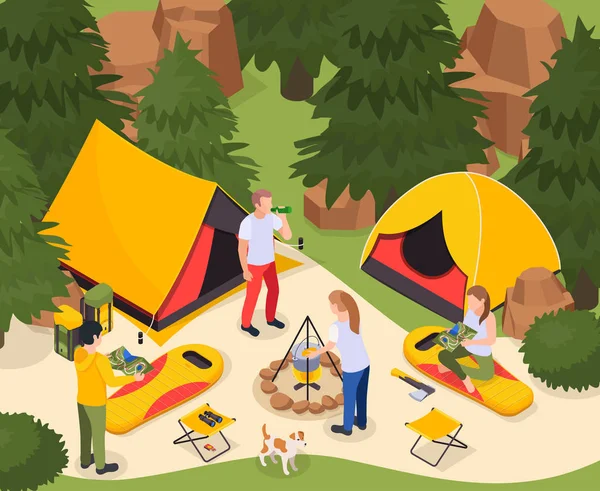 Isometrische Zusammensetzung von forest camping — Stockvektor