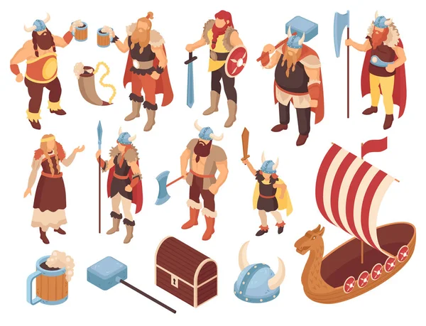 Ensemble de personnages vikings isométriques — Image vectorielle
