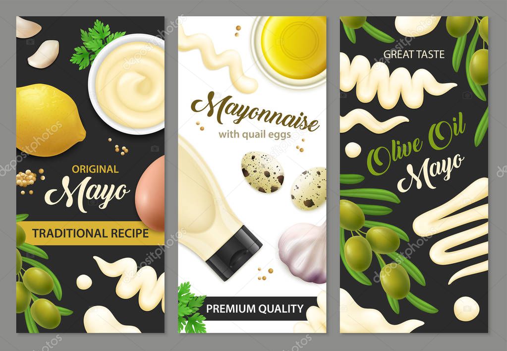Realistic mayonnaise banners set with three vertical backgrounds editable text and images of eggs and vegetables vector illustration