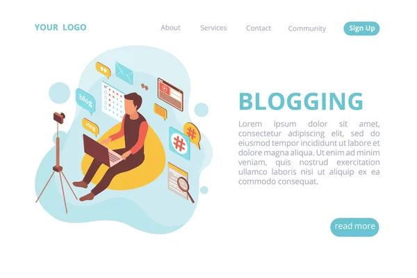 Página Web Isométrica de Blogging — Vetor de Stock
