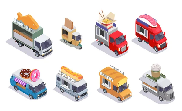 Isometric Food Trucks Set — Stock Vector