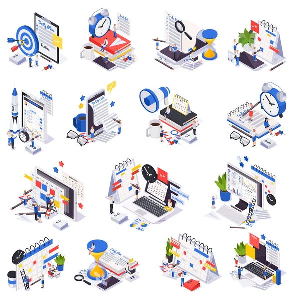 Isometrische planning van het tijdbeheer Icoon set — Stockvector