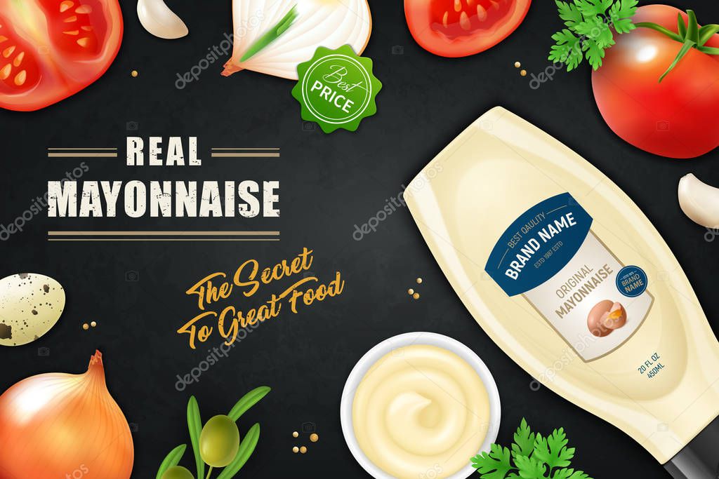 Realistic mayonnaise horizontal ads poster background with editable ornate text vegetable slices and plastic product bottle vector illustration