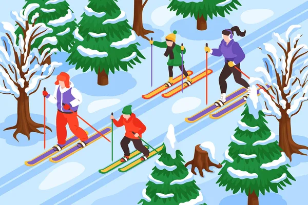 Isometric Forest Skiing Composition — Stock Vector