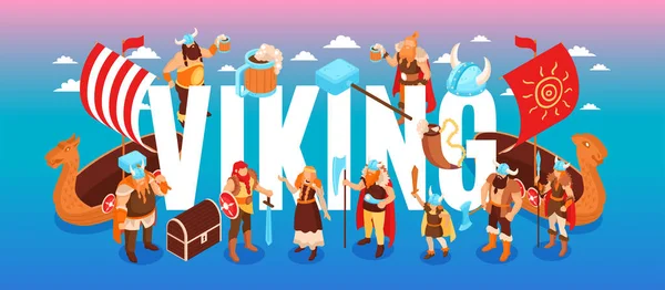 Isometrische Viking Tekst Samenstelling — Stockvector