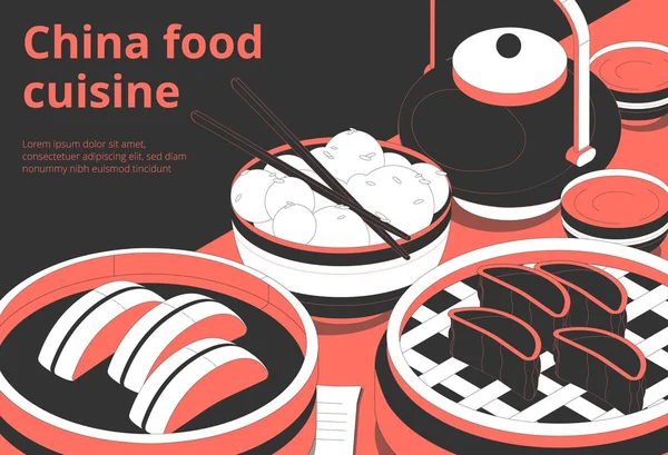 Banner Isométrico de Alimentos Chineses —  Vetores de Stock