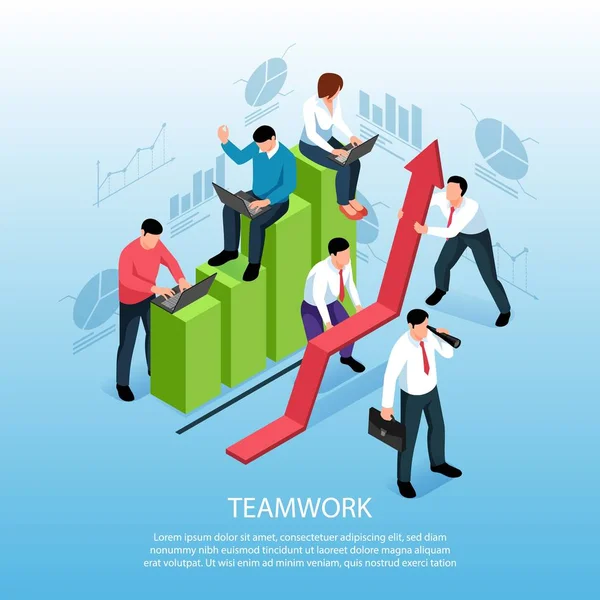 Trabalho em equipe Cartaz de composição isométrica — Vetor de Stock