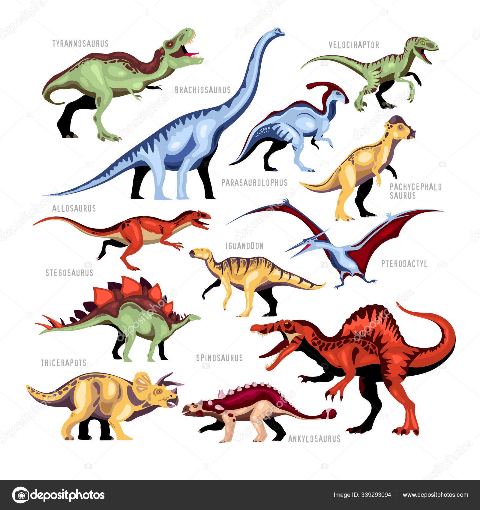 Conjunto De Dinossauros De Desenho Realista Ilustração Stock