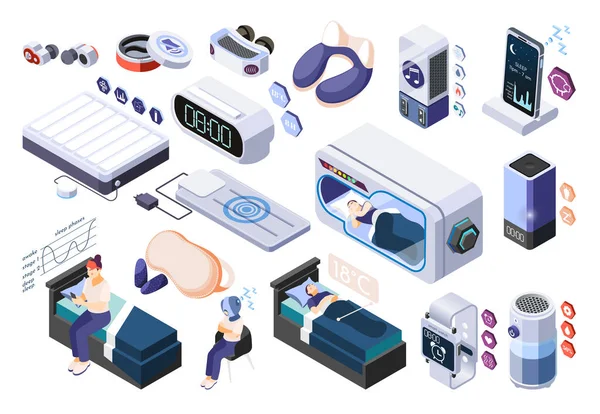 Hi-Tech Sleeping Isometric Recolor Icon Set — 스톡 벡터