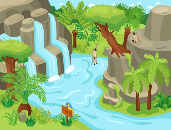 Composición de cascada de selva isométrica — Vector de stock