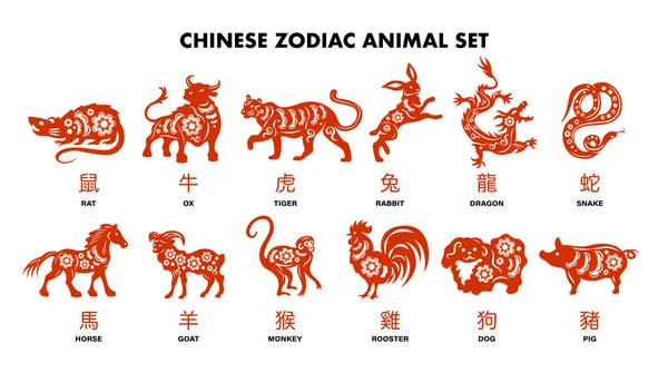 Zodíaco chinês animais conjunto vermelho — Vetor de Stock