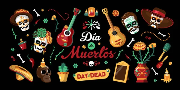 Cartel Horizontal Mexicano Día de Muertos — Vector de stock