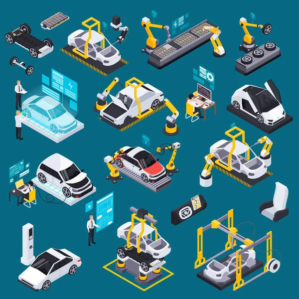 Ensemble isométrique de production de véhicules électriques — Image vectorielle