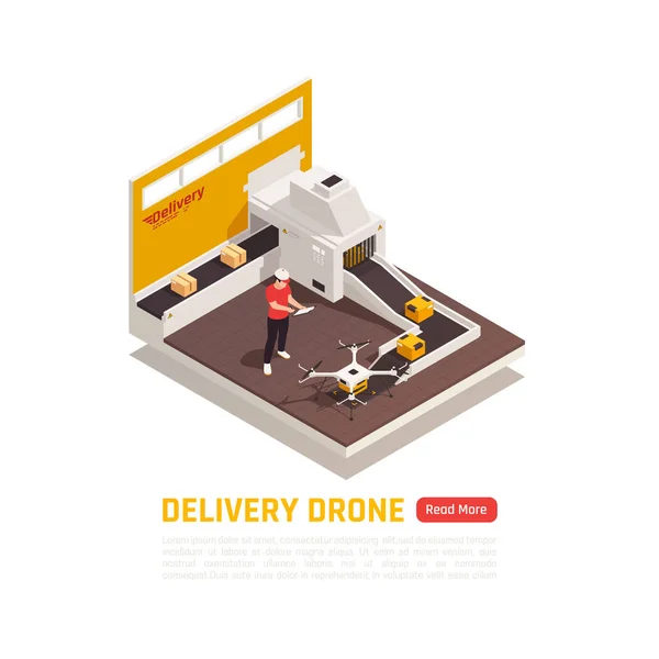 Drone entrega fábrica fundo — Vetor de Stock